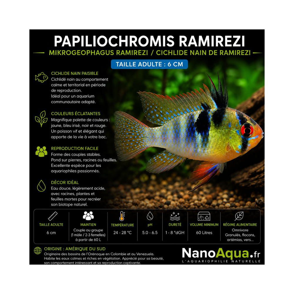 PAPILIOCHROMIS RAMIREZI / MIKROGEOPHAGUS RAMIREZI /  CICHLIDE NAIN DE RAMIREZI